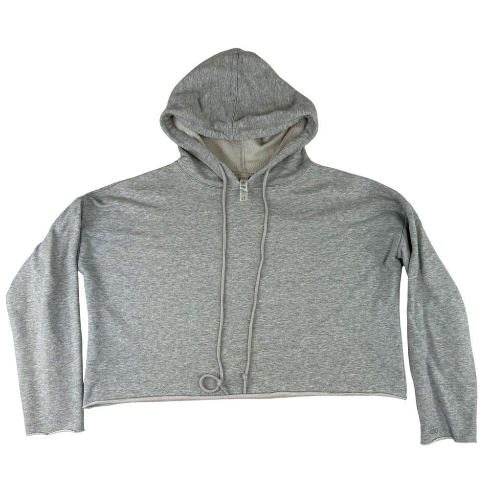 Alo Yoga Hoodie Womens Medium Gray Cropped French Terry Raw Hem Pullover